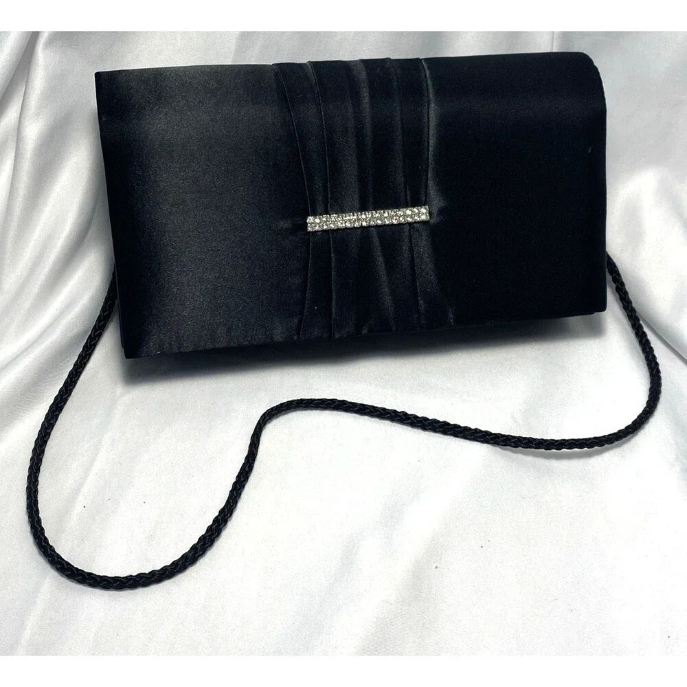 Style & Co. Women's Black Satin Faux Diamond Jewels Snap Closure Clutch